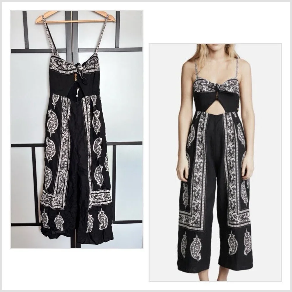 Free People Linen Blend Jumpsuit Paisley Print Size 8 Boho‎ Hippie Festival NEW
